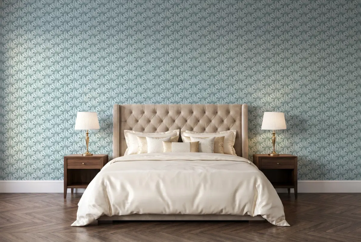 Шпалери Texdecor Our Planet пальмы сине-зелений OUP101947127 в інтер'єрі
