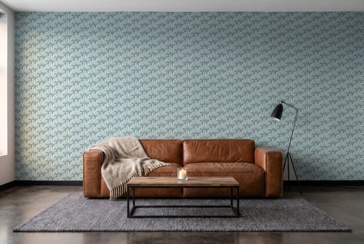 Шпалери Texdecor Our Planet пальмы сине-зелений OUP101947127 в інтер'єрі