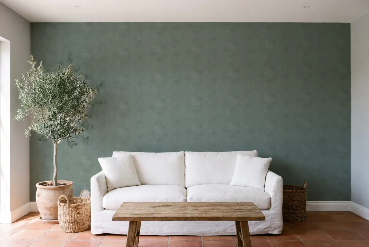 Шпалери Texdecor Stone серо-зелений STNE80837337 в інтер'єрі