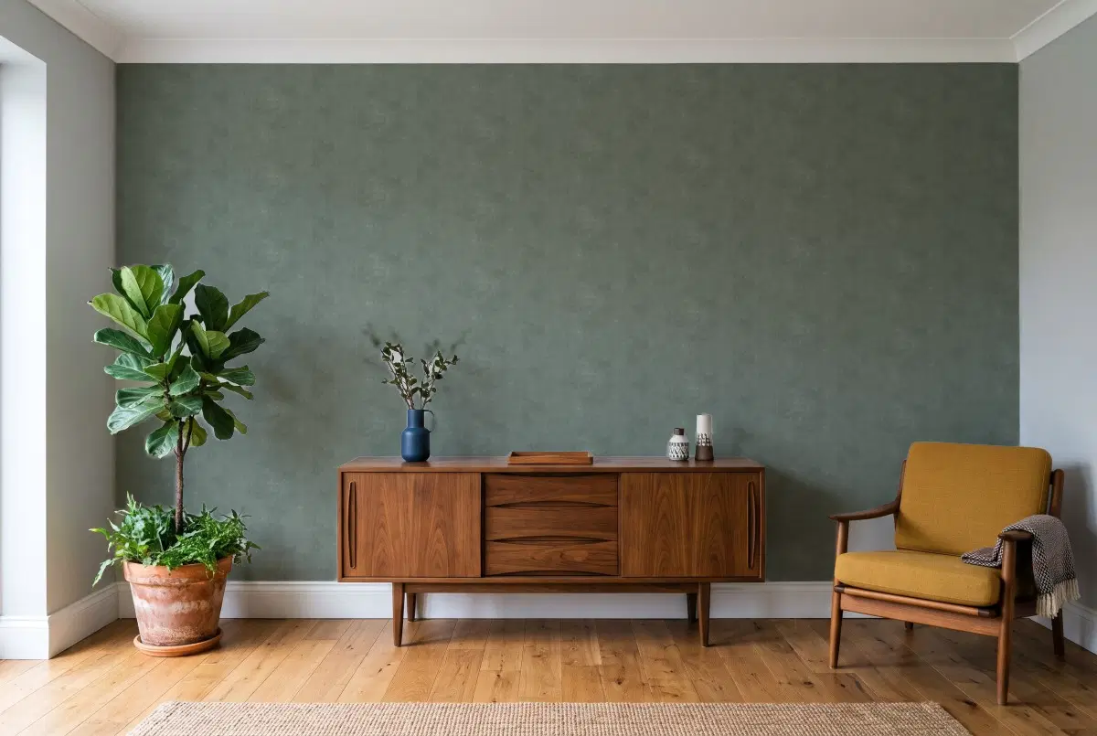 Шпалери Texdecor Stone серо-зелений STNE80837337 в інтер'єрі