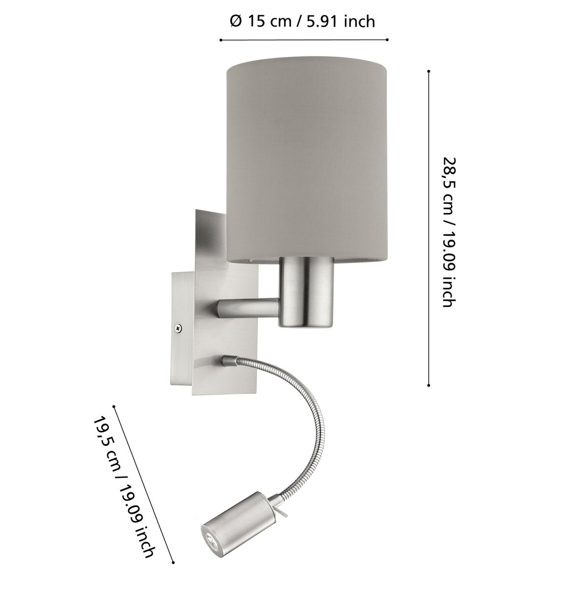 Eglo Бра/2 40W E27, 3,5W LED сірий "Пастері"
